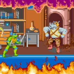 Pixel art arcade game image with turtles and monsters in a fiery room.