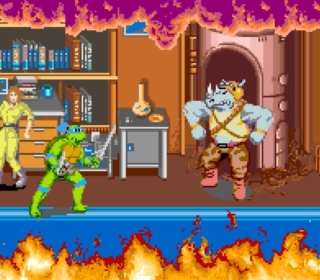Pixel art arcade fighting game with turtles vs. ogre and fiery floor scene.