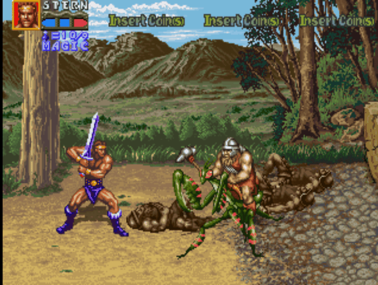 1. Pirate warrior fighting a monster in a pixel art forest scene.