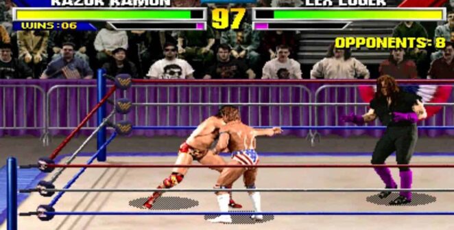 1. Classic wrestling game featuring fighters Razor Ramon and Lex Luger on the ring.