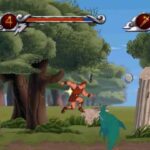 1. Heroic warrior jumping through ancient ruins in classic game setting.