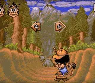 Charming cartoon game scene with a mouse character in a scenic forest landscape.