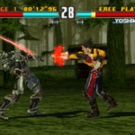 Intense fight scene in classic fighting game, showcasing characters Jin and Yoshimitsu battling with special moves.