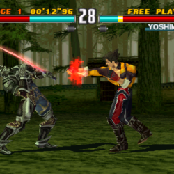 Intense fight scene in classic fighting game, showcasing characters Jin and Yoshimitsu battling with special moves.
