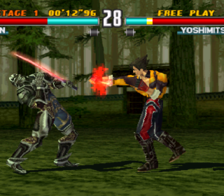 Intense fight scene in classic fighting game, showcasing characters Jin and Yoshimitsu battling with special moves.