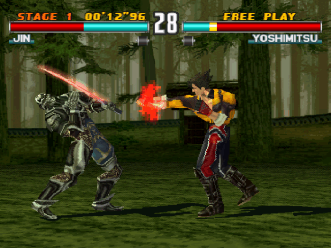 Robot fighting game scene with characters Jin and Yoshimitsu battling in a forest background.