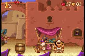 Vivid image of Aladdin escaping in a vibrant desert city scene.