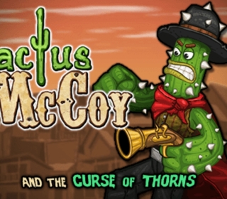 1. Cactus McCoy game character with a gun and angry expression, wearing a cowboy hat.