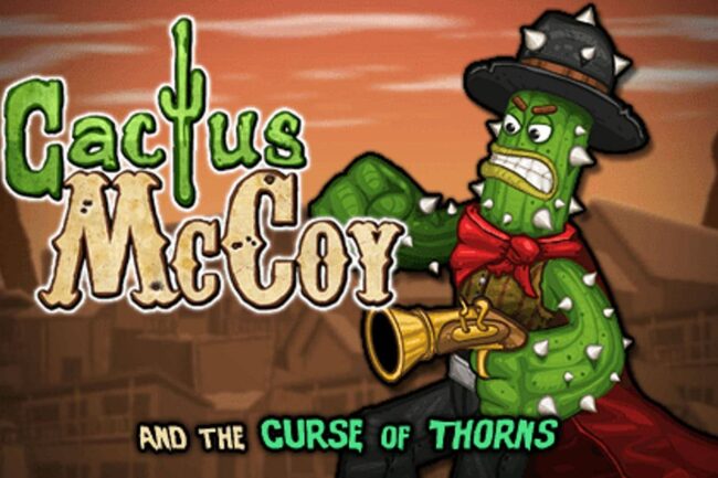 1. Cactus McCoy game character with a gun and angry expression, wearing a cowboy hat.