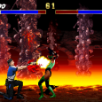 Fighting game scene with characters battling in fiery environment.
