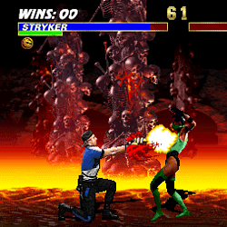 Intense Mortal Kombat battle featuring Stryker and Jade in fiery arena.