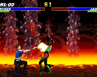 Intense Mortal Kombat battle featuring Stryker and Jade in fiery arena.