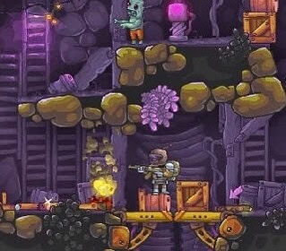 Gameplay screenshot of Mining Adventures showing a miner character exploring underground tunnels.