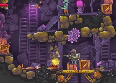 Gameplay screenshot of Mining Adventures showing a miner character exploring underground tunnels.