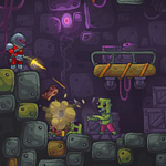 Alien shooter battling zombie in dark, pixelated game environment.