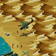 Fighter jet flying over desert coastline with soldiers and military equipment.