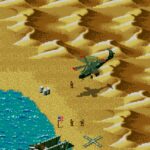 Fighter jet flying over desert coastline with soldiers and military equipment.