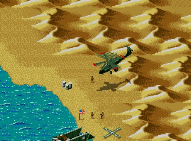 Fighter jet flying over desert coastline with soldiers and military equipment.