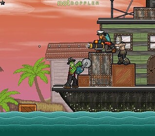 1. Action-packed pirate ship battle with soldiers shooting cannons and fighting pirates on deck.