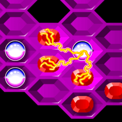 Electric bolt puzzle game with glowing orbs and fiery red blocks.