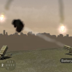 Explosive battlefield scene with missile launchers and city skyline in the background. Intense combat action game.