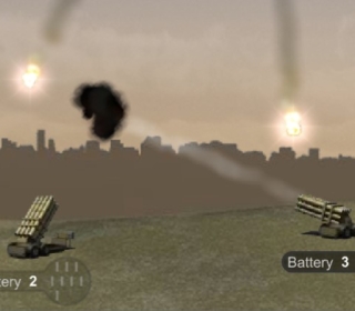 Explosive battlefield scene with missile launchers and city skyline in the background. Intense combat action game.