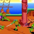 Flying Turtles fighting in a pixel art arcade game on a ship deck.