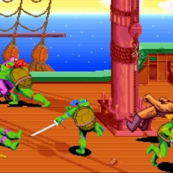 Flying Turtles fighting in a pixel art arcade game on a ship deck.