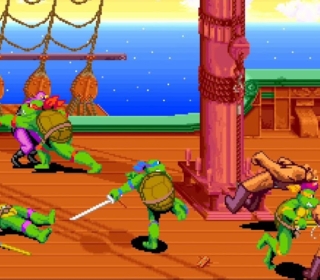 Sneaky Teenage Mutant Ninja Turtles Battle on a Pirate Ship Deck - Retro Pixel Art Style.