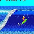 Bright pixelated surfer riding a wave in a retro arcade game scene.