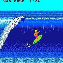 Bright pixelated surfer catching a wave in a retro arcade-style game scene.