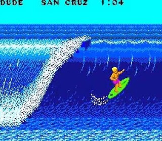 Bright pixelated surfer riding a wave in a retro arcade game scene.