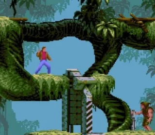 Bright pixel art jungle scene with two characters exploring a forest environment.