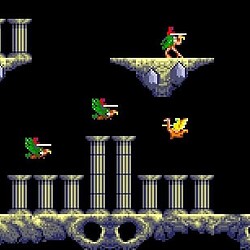 Classic platformer game featuring pixelated characters and floating platforms.