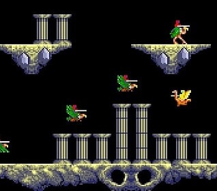 Classic platformer game featuring pixelated characters and floating platforms.