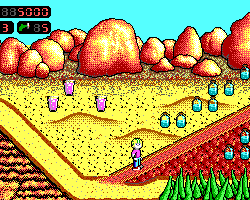 Colorful retro platformer game with vibrant pixel art and playful characters in a cartoon landscape.