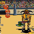 Insect warrior battling a horned creature in a colorful arena game.