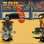 Insect warrior battling a horned creature in a colorful arena game.