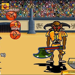 Archer and minotaur battle in medieval arena during a fantasy-themed game.