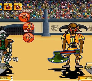 Archer and minotaur battle in medieval arena during a fantasy-themed game.