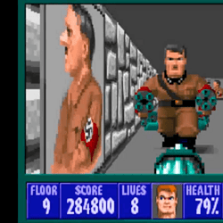 Classic Wolfenstein 3D first-person shooter game scene with Nazi enemies and pixelated graphics.