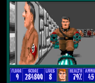 Classic Wolfenstein 3D first-person shooter game scene with Nazi enemies and pixelated graphics.