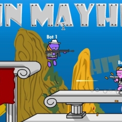 Colorful 2D Gun Mayhem game with two characters shooting on a classical Greek temple background.