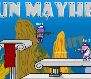 Colorful 2D Gun Mayhem game with two characters shooting on a classical Greek temple background.
