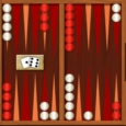 Red and white checkers backgammon game with dice on wooden board for online play.