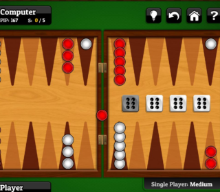 Red and white checkers game on a wooden backgammon board.