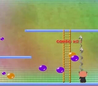 Colorful balloon bouncing game with ladder and obstacles for fun and entertainment.