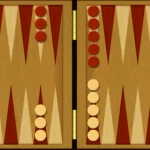 Old Backgammon Game with Dice and Chips in a Wooden Board.