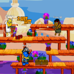 Retro pixel art multiplayer shooting game with AI opponents and vibrant background.