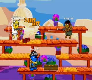 Retro pixel art multiplayer shooting game with AI opponents and vibrant background.